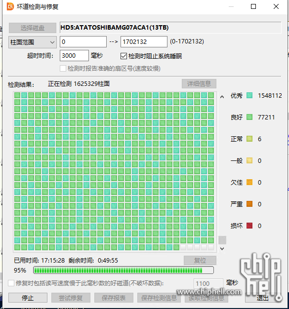 东芝14T矿盘序列号21P0AC9EF94G用DG坏道扫描绿块显示为正常22.06.03.png