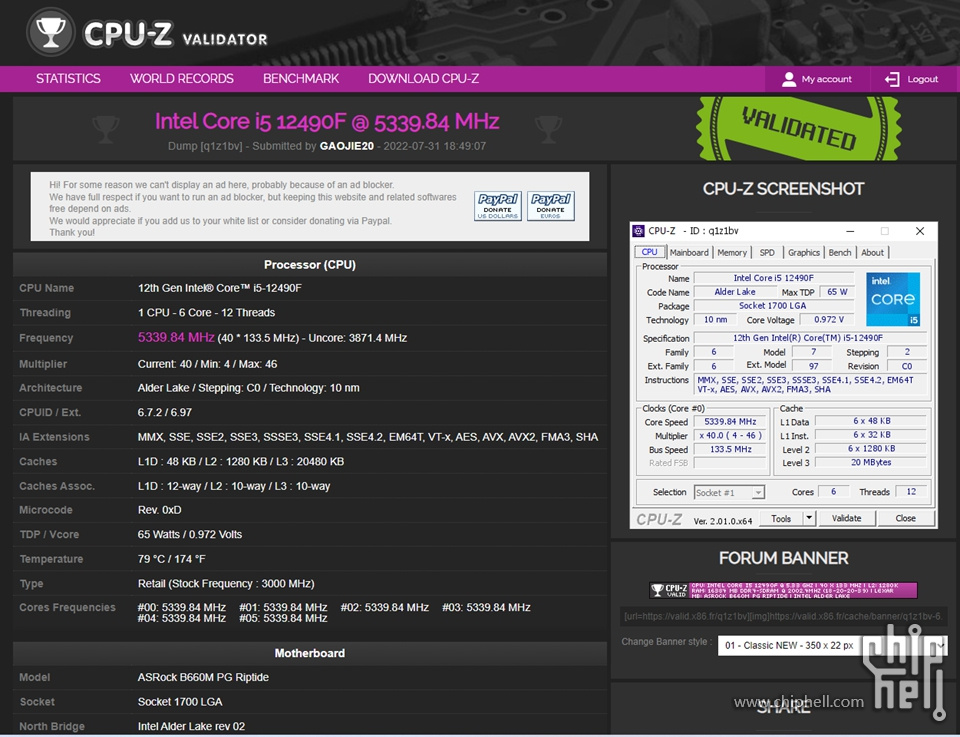 Intel Core i5 12600KF @ 4500 MHz - CPU-Z VALIDATOR