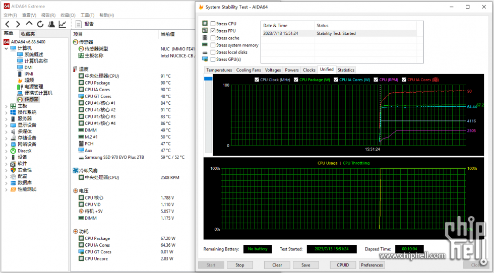 Intel_NUC11_测试_AIDA64_FPU_win下_开AVX512_新机箱_睿频4.1GHz@ 90度 66-67w 室温26度.PNG