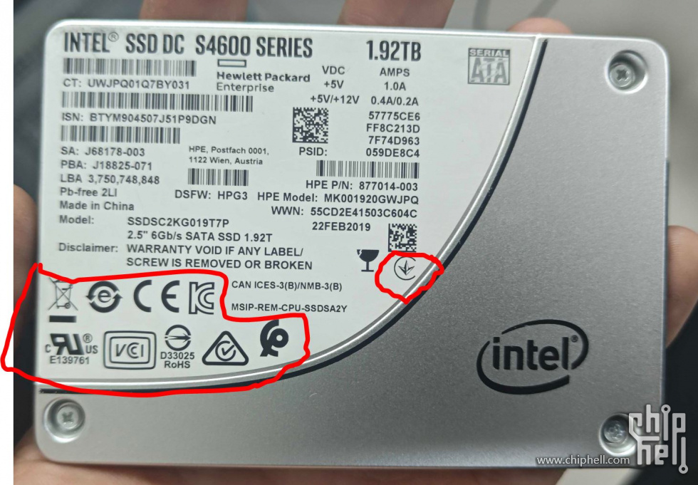 Intel SSD DC S4600 Series 1.92TB HPE 定制版盘体上缺少出厂标签正常 
