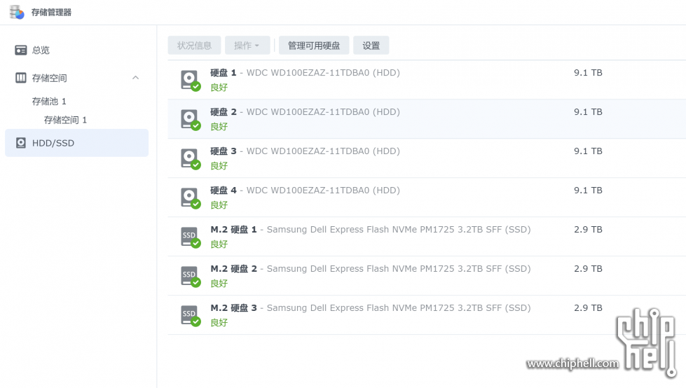 群晖D923+的硬盘列表