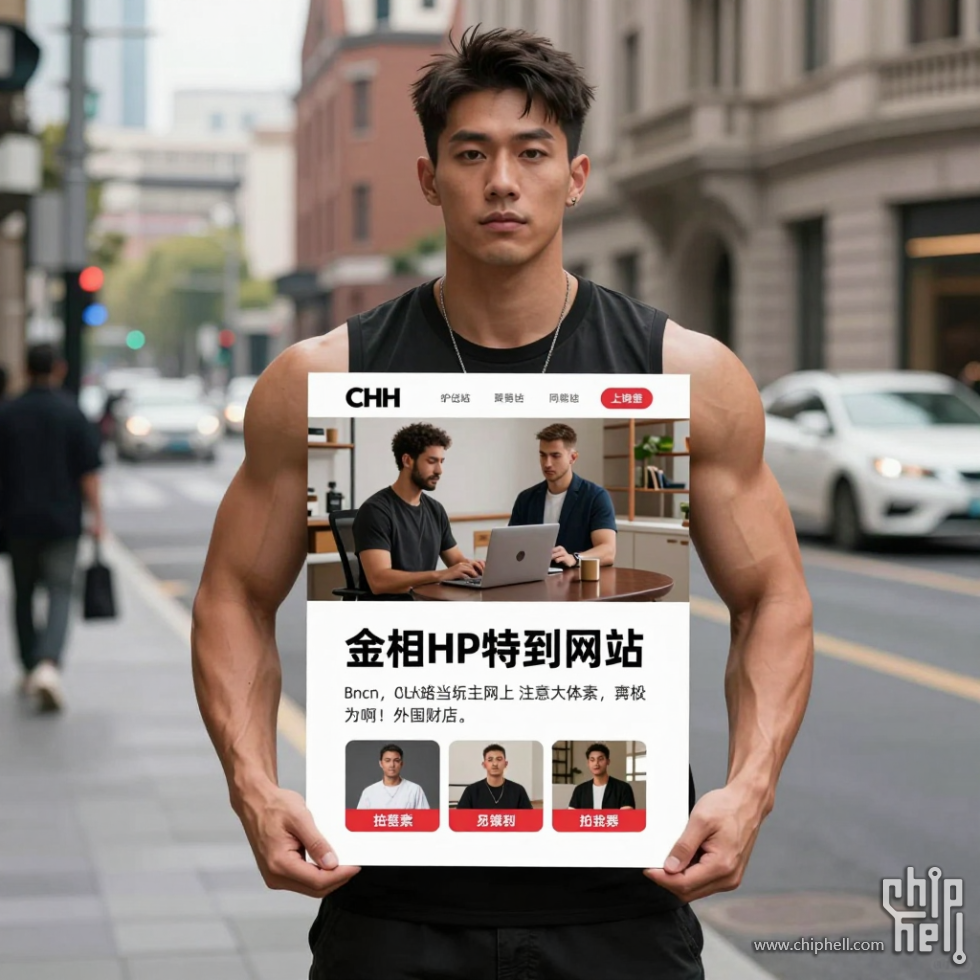 生成几个号称18cm的肌肉男手里拿着广告招贴，招贴内容是推荐chh网站，在上海街边招揽客户，写实风格 ... ...